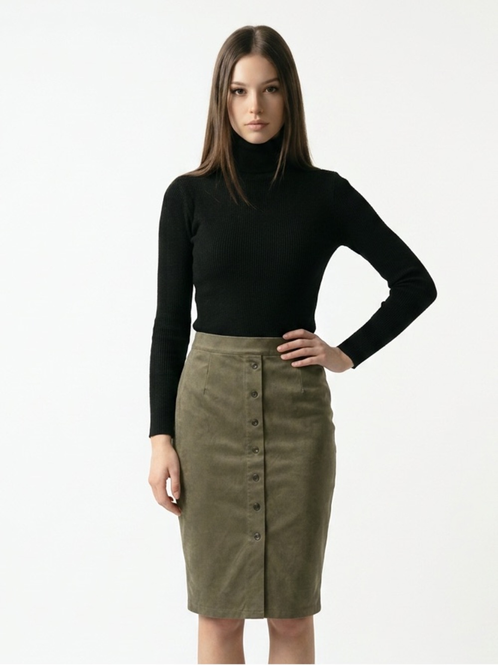 GUESS VTG 90’s taupe| Olive Faux Suede Button-Front Midi Skirt – Small